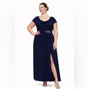 ALEX EVENINGS Navy Blue Cowl Neck Beaded Waist Evening Gown Formal NWT Size 16